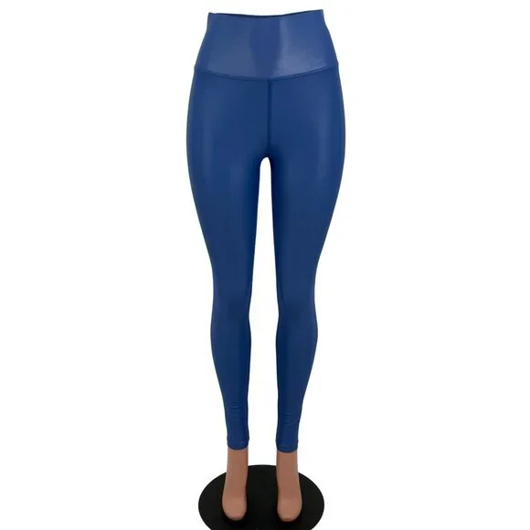 Carbon38 High Rise Full-Length Shine Glossy Blue High-Waist Activewear Leggings - Picture 3 of 16
